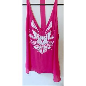 Bebe Asymmetrical Pink Sequin Bead Halter Tank Top